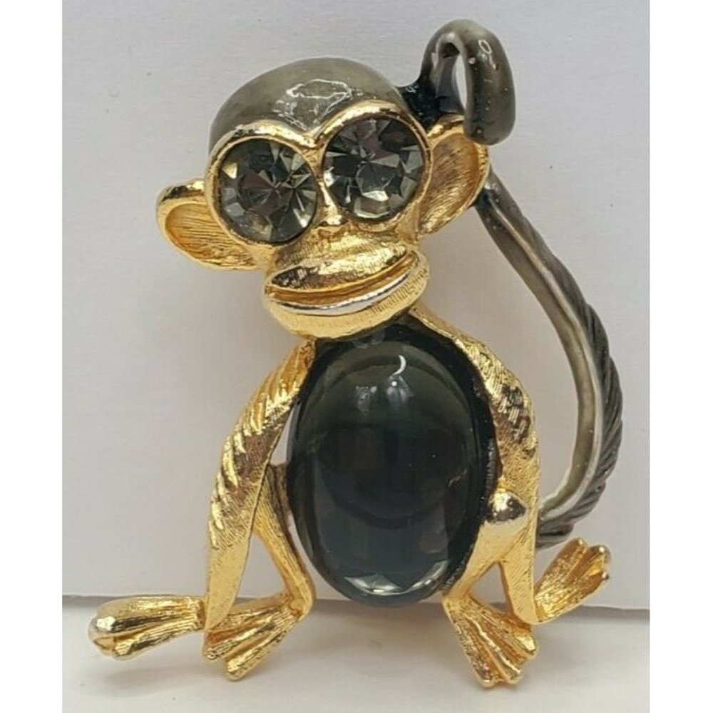 Monkey Gold Tone Brooch Iridescent Jelly Belly Rhinestone Eyes Enamel Pin Vtg